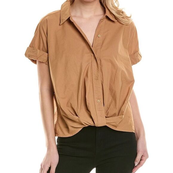 STATESIDE Tops - Stateside Voile Short Sleeve Front Twist Button Up Shirt Size Small Neutral Tan